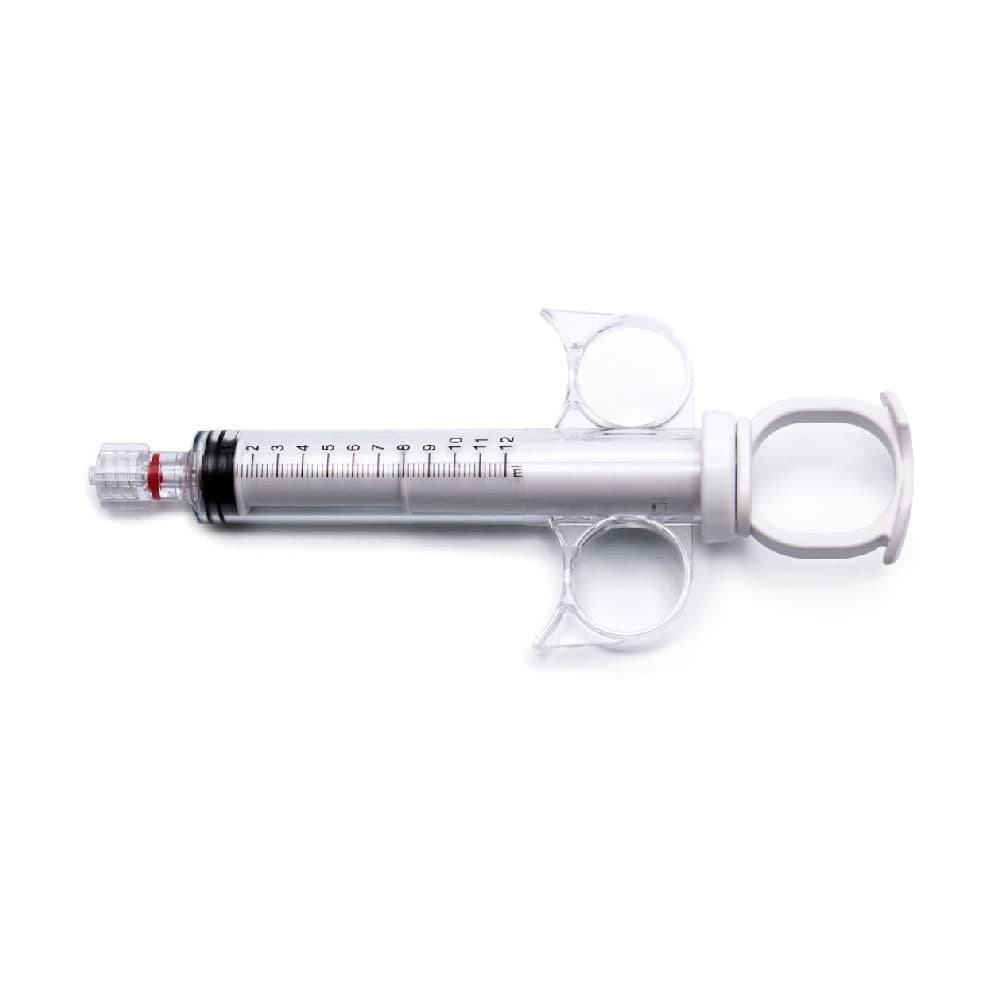 Angiography Spritze, 12ml, Luer Männlich - Drehbarer Adapter Daumenring / Fingerringe, PC (Polycarbonate) Weiß