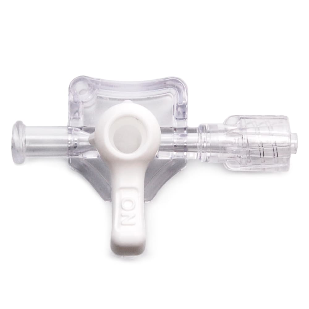 3-Way Stopcock, 1.200psi, Luer Female to Luer Male - Lock, ON Handle, White PC (Polycarbonate) Clear, w/o Caps