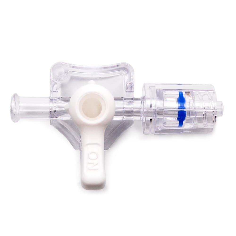3-Way Stopcock, 1.200psi, Luer Female to Luer Male - Rotating Adaptor, ON Handle, White PC (Polycarbonate) Clear, w/o Caps