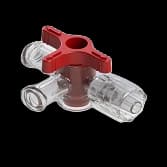 4-Wege Hahn, 43psi (3 bar), Luer Weiblich zu Luer Männlich - Lock, EIN Griff, T-Form, Rot Kurzmutter, PSU (Polysulfone) Transparent, ohne Kappen