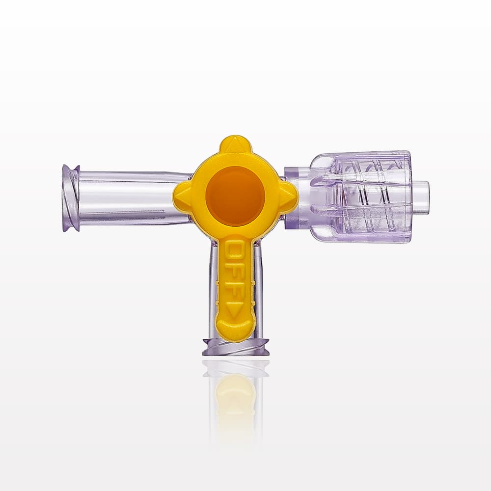 4-Wege Hahn, 43psi (3 bar), Luer Weiblich zu Luer Männlich - Lock, EIN Griff, T-Form, Gelb, PC (Polycarbonate) Transparent, ohne Kappen