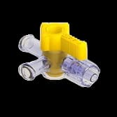 3-Way Stopcock, 43psi (3 bar), Luer Female to Luer Male - Lock, OFF Handle, GXL, Yellow, Short Nut, PC (Polycarbonate) - Radiostable Clear, w/o Caps