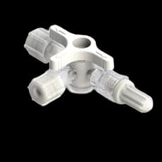 4-Wege Hahn, 29psi, Luer Weiblich zu Luer Männlich - Lock, EIN Griff, T-Form, Weiß Großlumen, PC (Polycarbonate) Transparent, Mit 3 Kappen (Natur)