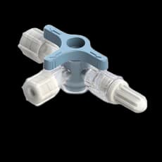 4-Wege Hahn, 29psi, Luer Weiblich zu Luer Männlich - Lock, EIN Griff, T-Form, Blau Großlumen, PC (Polycarbonate) Transparent, Mit 3 Kappen (Natur)