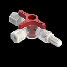 4-Wege Hahn, 29psi, Luer Weiblich zu Luer Männlich - Lock, EIN Griff, T-Form, Rot Großlumen, PC (Polycarbonate) Transparent, Mit 3 Kappen (Natur)