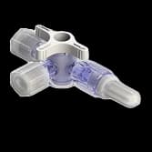4-Wege Hahn, 43psi (3 bar), Luer Weiblich zu Luer Männlich - Lock, EIN Griff, T-Form, Weiß Kurzmutter, PC (Polycarbonate) - Strahlungsstabil Transparent, Mit 3 Kappen (Natur)