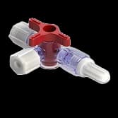 4-Wege Hahn, 29psi, Luer Weiblich zu Luer Männlich - Lock, EIN Griff, T-Form, Rot Kurzmutter, PC (Polycarbonate) - Strahlungsstabil Transparent, Mit 3 Kappen (Natur)