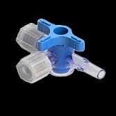 4-Wege Hahn, 43psi (3 bar), Luer Weiblich zu Luer Männlich - Slip, EIN Griff, T-Form, Blau PC (Polycarbonate) - Strahlungsstabil Transparent, Mit 2 Kappen (Natur/Natur/-)