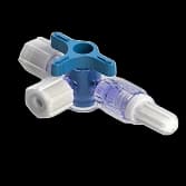 4-Wege Hahn, 43psi (3 bar), Luer Weiblich zu Luer Männlich - Lock, EIN Griff, T-Form, Blau Kurzmutter, PC (Polycarbonate) - Strahlungsstabil Transparent, Mit 3 Kappen (Natur)