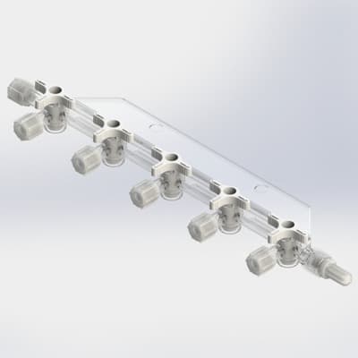 Infusionsverteiler, 5-Wege Verteiler, 29psi, Luer Weiblich / Luer Männlich - Lock, Weiß PC (Polycarbonate), Transparent, Mit 7 Kappen (Natur)