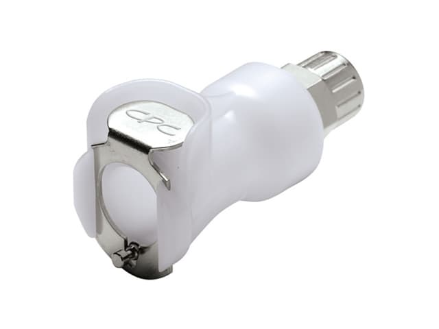 Straight, Thumb Latch - PLC/LC Series Female to PTF (Push to Fit) 6,4mm (1/4") OD, Acetal White, 1/4" Flow, Metal Latch, NSF Version, FDA Buna N O-Ring