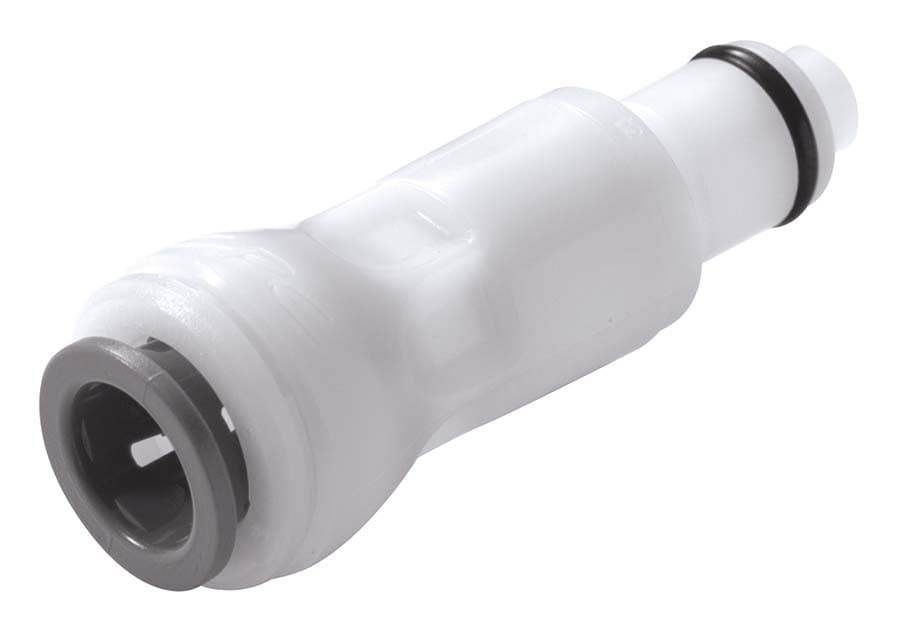 Straight, Thumb Latch - PLC/LC Series Male to Push-In Fitment 6,4mm (1/4") OD, Acetal White, 1/4" Flow, John Guest Tube Connection, NSF Version, FDA Buna N O-Ring