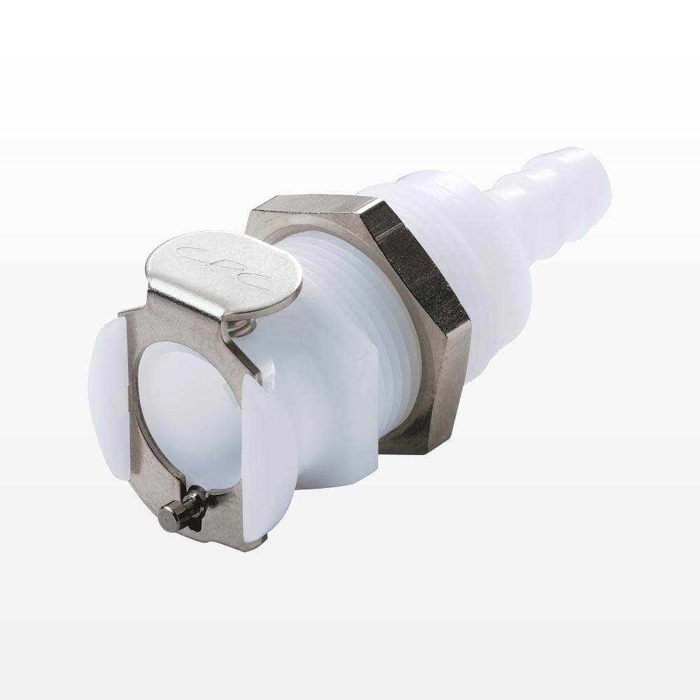 Panel Mount, Thumb Latch - PLC/LC Series Female to Tube Fitment 9,5mm (3/8") ID, Acetal White, 1/4" Flow, Metal Latch, NSF Version, FDA Buna N O-Ring