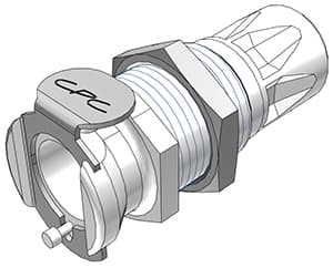 Panel Mount, Thumb Latch - PLC/LC Series Female to Push-In Fitment 6,4mm (1/4") OD, Acetal White, 1/4" Flow, Metal Latch, John Guest Tube Connection, NSF Version, FDA Buna N O-Ring