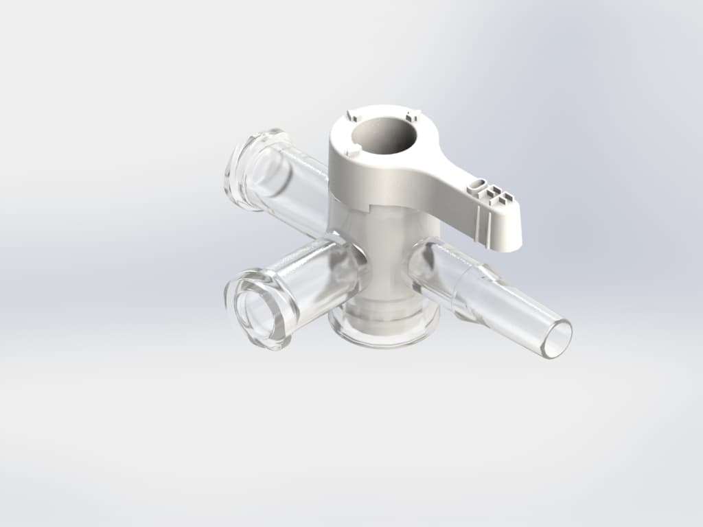 3-way stopcock, PC, White Luer Slip, w/o caps, Handle position over male port bns