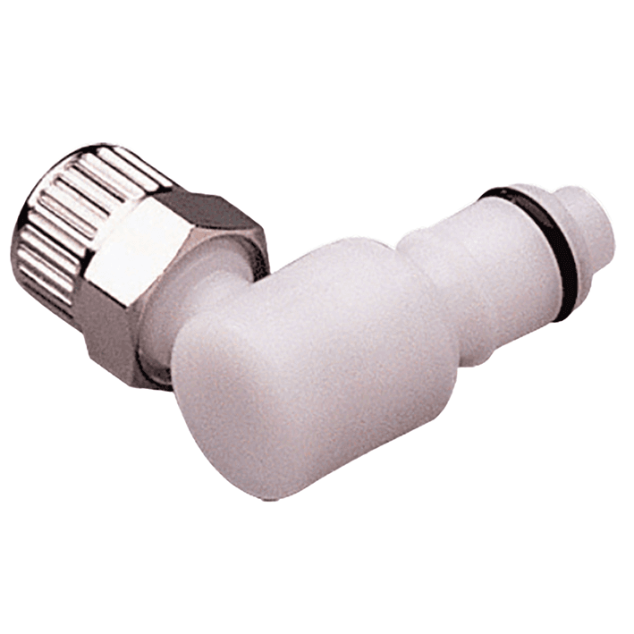 APC Männlicher Ellbogenkonnektor, mit Ventil, PTF für 1/4"(6,4mm) AD Schlauch, Acetal weiß, bns (Bulk, unsteril)