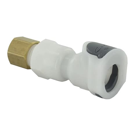 APC Weibliche Schnellverschlusskupplung, mit Ventil, Quetschverbindung für 3/8" (9,5mm) AD Schlauch, Acetal weiß, bns (Bulk, unsteril)