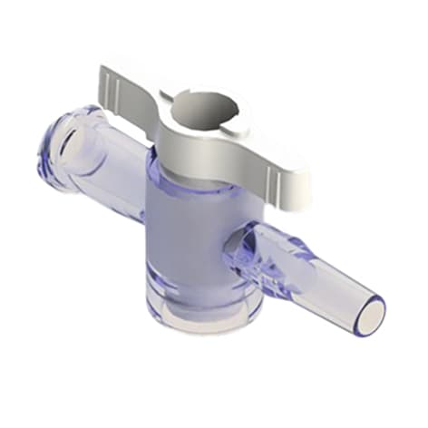 1-Way Stopcock, 29psi, Luer Female to Luer Male - Slip, 2-Arm Low Profile, White Large Bore, PC (Polycarbonate) Clear, w/o Caps