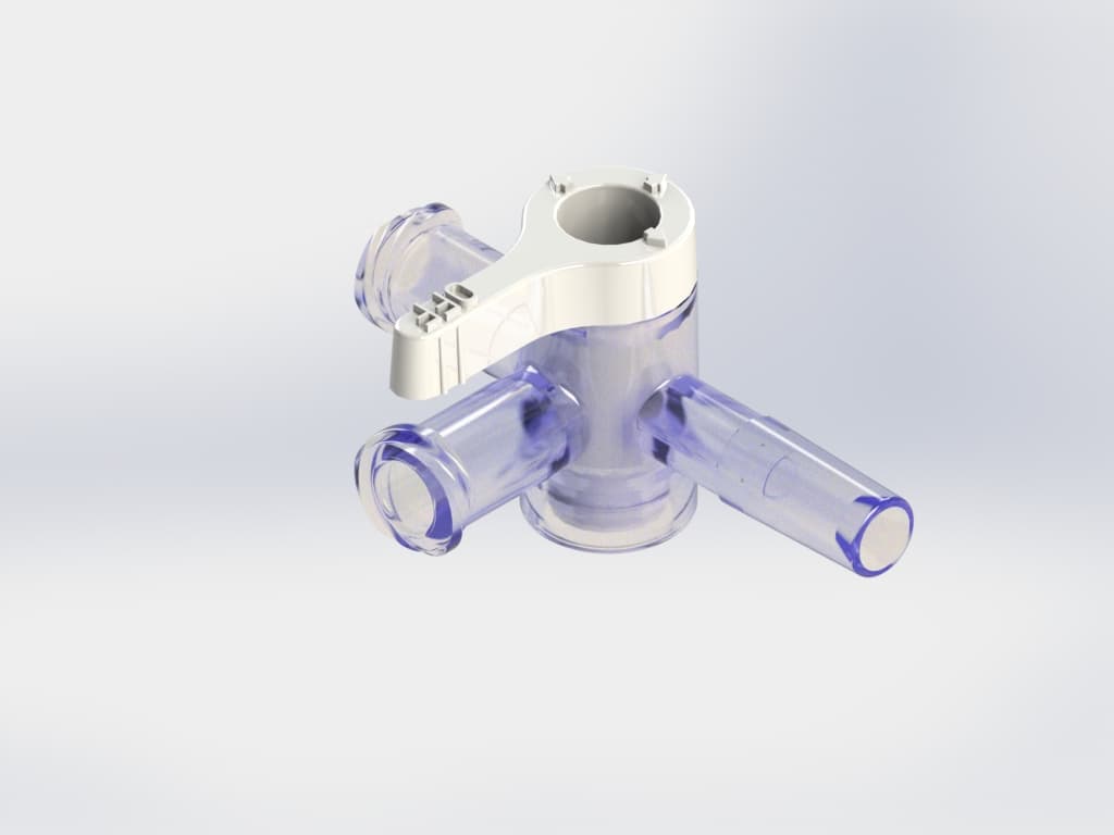 3-Wege Hahn, 43psi (3 bar), Luer Weiblich zu Schlauchtasche 2, 8mm (.110") OD, AUS Griff, Langer Arm, Hohes Profil, Weiß , PC (Polycarbonate) Transparent, ohne Kappen