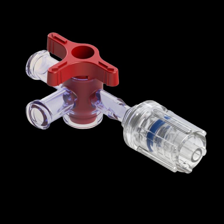 4-Wege Hahn, 43psi (3 bar), Luer Weiblich zu Luer Männlich - Drehbarer Adapter, EIN Griff, T-Form, Rot , PC (Polycarbonate) Transparent, ohne Kappen