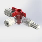 4-Wege Hahn, 43psi (3 bar), Luer Weiblich zu Luer Männlich, EIN Griff, T-Form, Rot Kurzmutter, PC (Polycarbonate) Transparent, Mit 3 Kappen (Weiß)