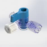 3-Way Stopcock, 29psi, Luer Female to Luer Male - Rotating Adaptor, OFF Handle, Long Arm, High Profile, Blue , PC (Polycarbonate) Clear, With 1 Cap (-/White/-)