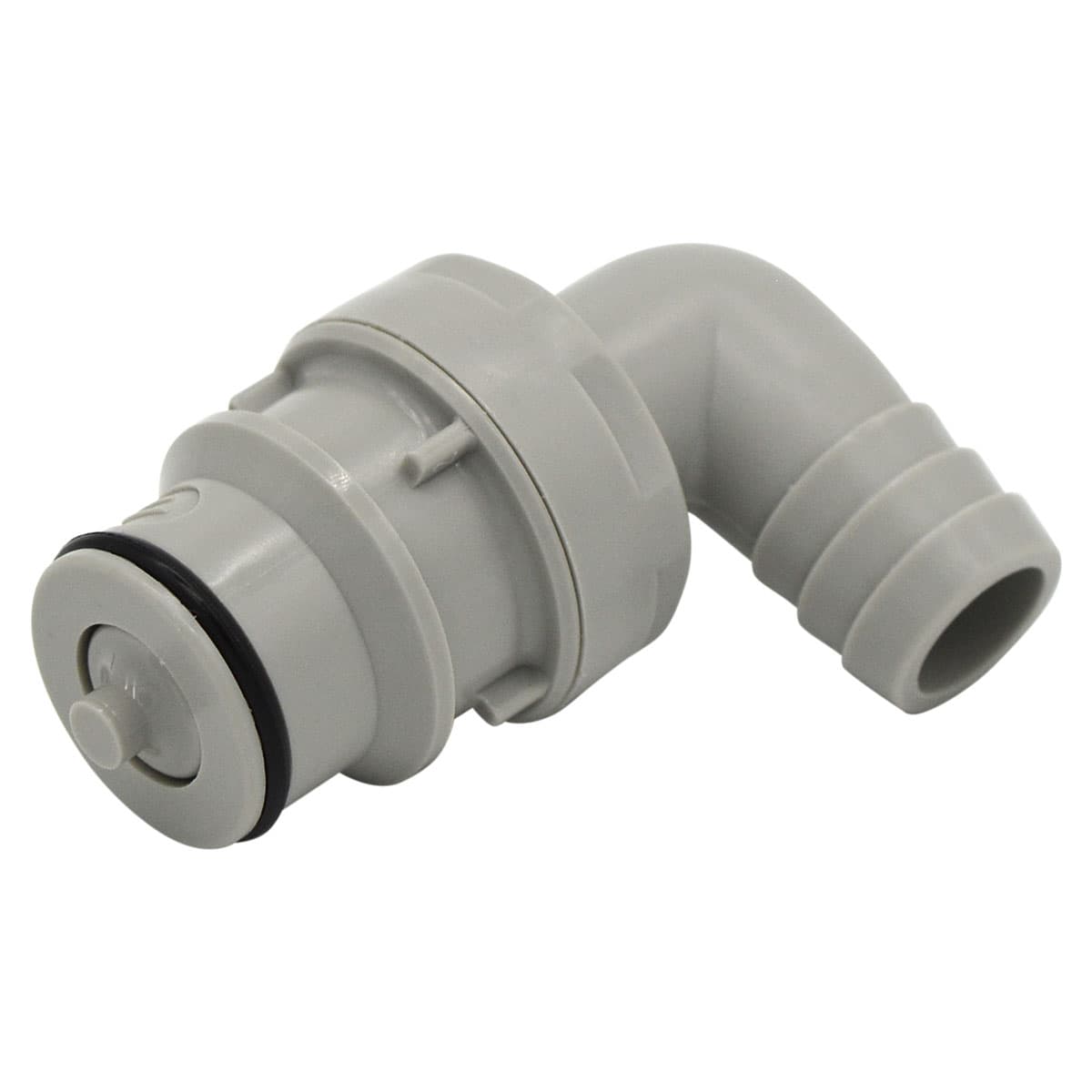 HFC Männlicher Ellbogenkonnektor, mit Ventil, Barb für 1/2"(12,7mm) ID Schlauch, PP grau, bns (Bulk, unsteril)