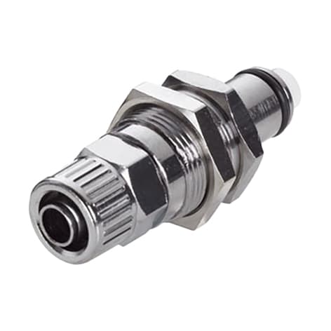 Panel Mount, Thumb Latch - PLC/LC Series Male to PTF (Push to Fit) 9,5mm (3/8") OD, Chrome Plated Brass, 1/4" Flow, NSF Version, FDA Buna N O-Ring