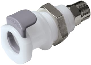 Panel Mount, Thumb Latch - APC Series Female to PTF (Push to Fit) 6,4mm (1/4") OD, Acetal White, 1/4" Flow, Plastic Latch