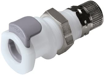 Panel Mount, Thumb Latch - APC Series Female to PTF (Push to Fit) 8,0mm (5/16") OD, Acetal White, 1/4" Flow, Plastic Latch