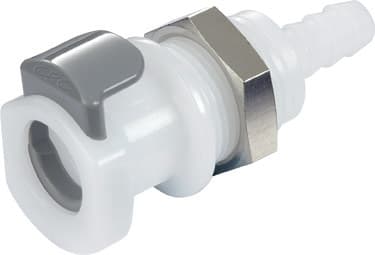Panel Mount, Thumb Latch - APC Series Female to Tube Fitment 6,4mm (1/4") ID, Acetal White, 1/4" Flow, Plastic Latch