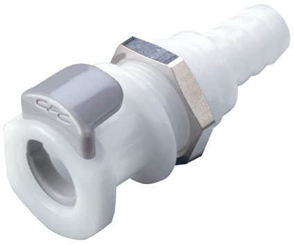 Panel Mount, Thumb Latch - APC Series Female to Tube Fitment 9,5mm (3/8") ID, Acetal White, 1/4" Flow, Plastic Latch
