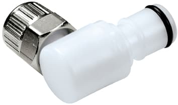 Elbow, Thumb Latch - APC Series Male to PTF (Push to Fit) 9,5mm (3/8") OD, Acetal White, 1/4" Flow