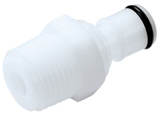 Straight, Thumb Latch - APC Series Male to NPT 3/8", Acetal White, 1/4" Flow