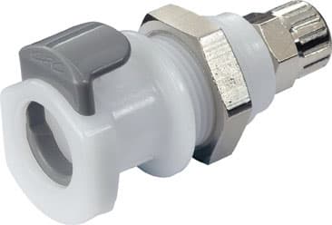 Panel Mount, Thumb Latch - APC Series Female to PTF (Push to Fit) 6,4mm (1/4") OD, Acetal White, 1/4" Flow, Plastic Latch