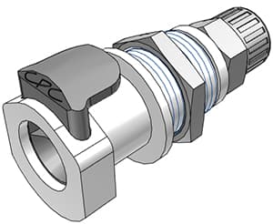 Panel Mount, Thumb Latch - APC Series Female to PTF (Push to Fit) 9,5mm (3/8") OD, Acetal White, 1/4" Flow, Plastic Latch
