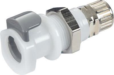 Panel Mount, Thumb Latch - APC Series Female to PTF (Push to Fit) 10,0mm (.394") OD, Acetal White, 1/4" Flow, Plastic Latch