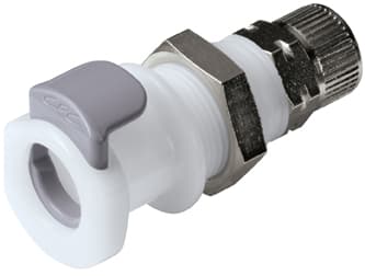 Panel Mount, Thumb Latch - APC Series Female to PTF (Push to Fit) 8,0mm (5/16") OD, Acetal White, 1/4" Flow, Plastic Latch