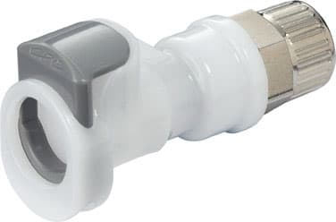 Straight, Thumb Latch - APC Series Female to PTF (Push to Fit) 9,5mm (3/8") OD, Acetal White, 1/4" Flow, Plastic Latch