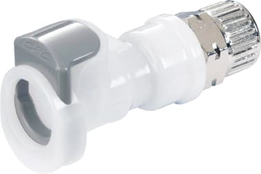 Straight, Thumb Latch - APC Series Female to PTF (Push to Fit) 10,0mm (.394") OD, Acetal White, 1/4" Flow, Plastic Latch