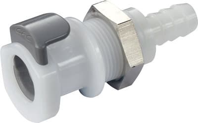 Panel Mount, Thumb Latch - APC Series Female to Tube Fitment 8,0mm (5/16") ID, Acetal White, 1/4" Flow, Plastic Latch
