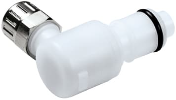 Elbow, Thumb Latch - APC Series Male to PTF (Push to Fit) 6,4mm (1/4") OD, Acetal White, 1/4" Flow