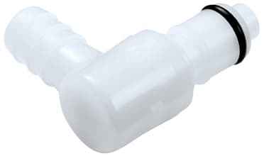 Elbow, Thumb Latch - APC Series Male to Tube Fitment 9,5mm (3/8") ID, Acetal White, 1/4" Flow