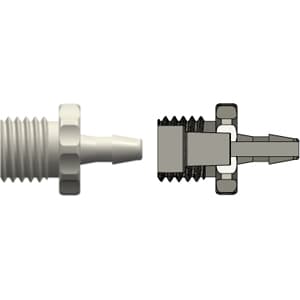 Straight, UNF Male 5/16"-24 to 200 Series Barb 2,4mm (3/32") ID, ABS (Acrylonitrile butadiene styrene) White, With 6% Taper (Female Luer) inside thread