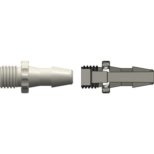 Straight, UNF Male 5/16"-24 to 200 Series Barb 4,8mm (3/16") ID, ABS (Acrylonitrile butadiene styrene) White, With 6% Taper (Female Luer) inside thread