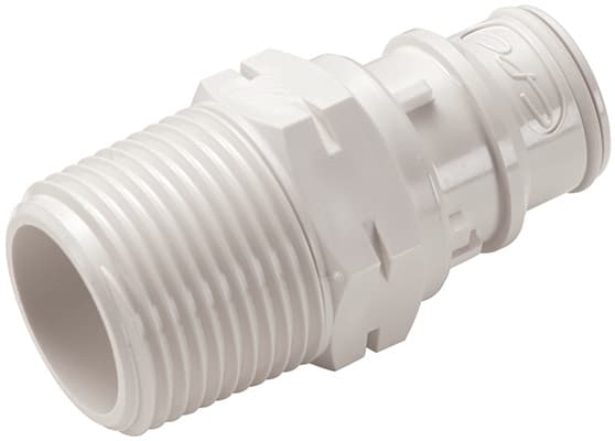 Straight, Thumb Latch - FFC Series Male to BSPT 3/4", PSU (Polysulfone) White, 1/2" Flow