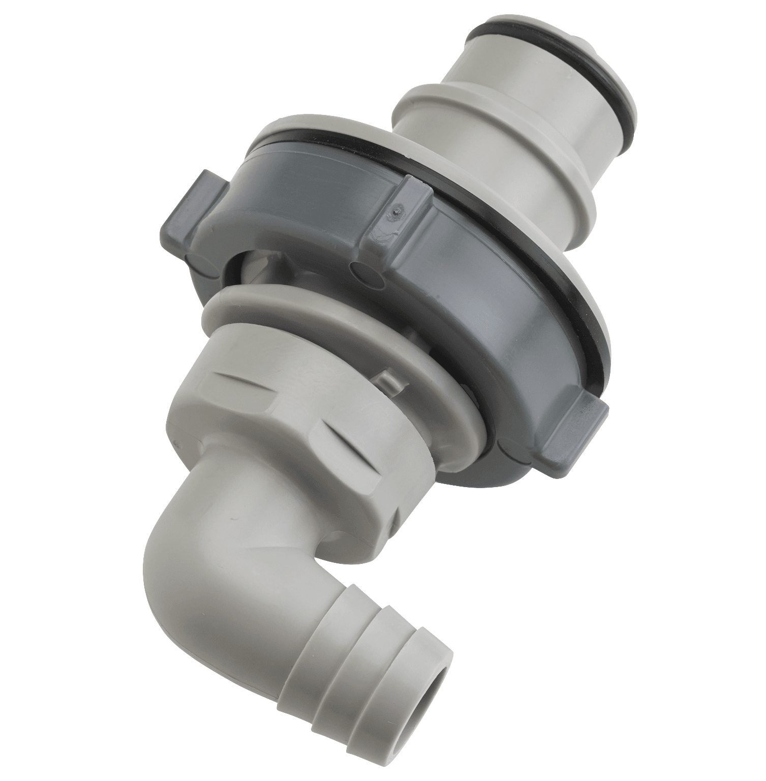 Panel Mount Elbow, Thumb Latch - HFC Series Male to Tube Fitment 12,7mm (1/2") ID, PP (Polypropylene) Grey, 1/2" Flow