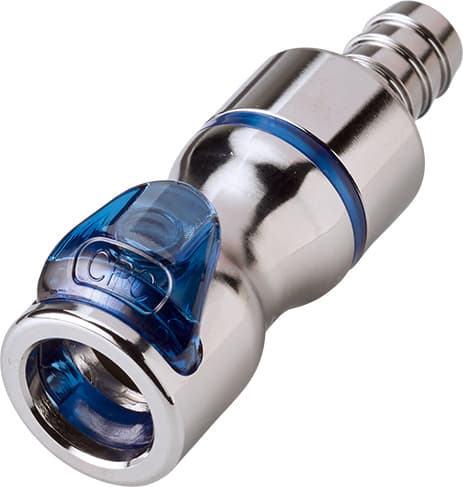 Straight, Thumb Latch - LQ4 Non-Spill Series Female to Tube Fitment 9,5mm (3/8") ID, Chrome Plated Brass Blue, 1/4" Flow, Plastic Latch