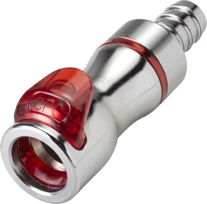 Straight, Thumb Latch - LQ4 Non-Spill Series Female to Tube Fitment 9,5mm (3/8") ID, Chrome Plated Brass Red, 1/4" Flow, Plastic Latch
