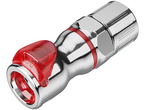 Straight, Thumb Latch - LQ6 Non-Spill Series Female to PTF (Push to Fit) 12,7mm (1/2") OD, Chrome Plated Brass Red, 3/8" Flow, Plastic Latch